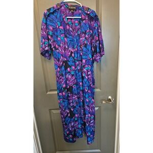 St Gillian Floral‎ Print Midi Dress Button Front Short Sleeve Purple Size M